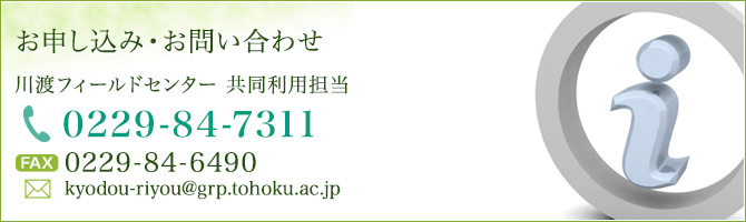 お申し込み・お問い合わせ - 川渡フィールドセンター共同利用担当｜Tel:0229-84-7311 / Fax:0229-84-6490 / E-Mail:Kyodou-riyou@bureau.tohoku.ac.jp